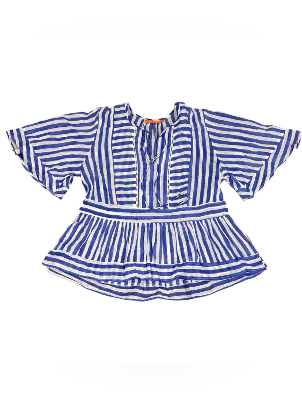 Oliphant Blue White Striped Cotton Peplum Boho Top Large $258